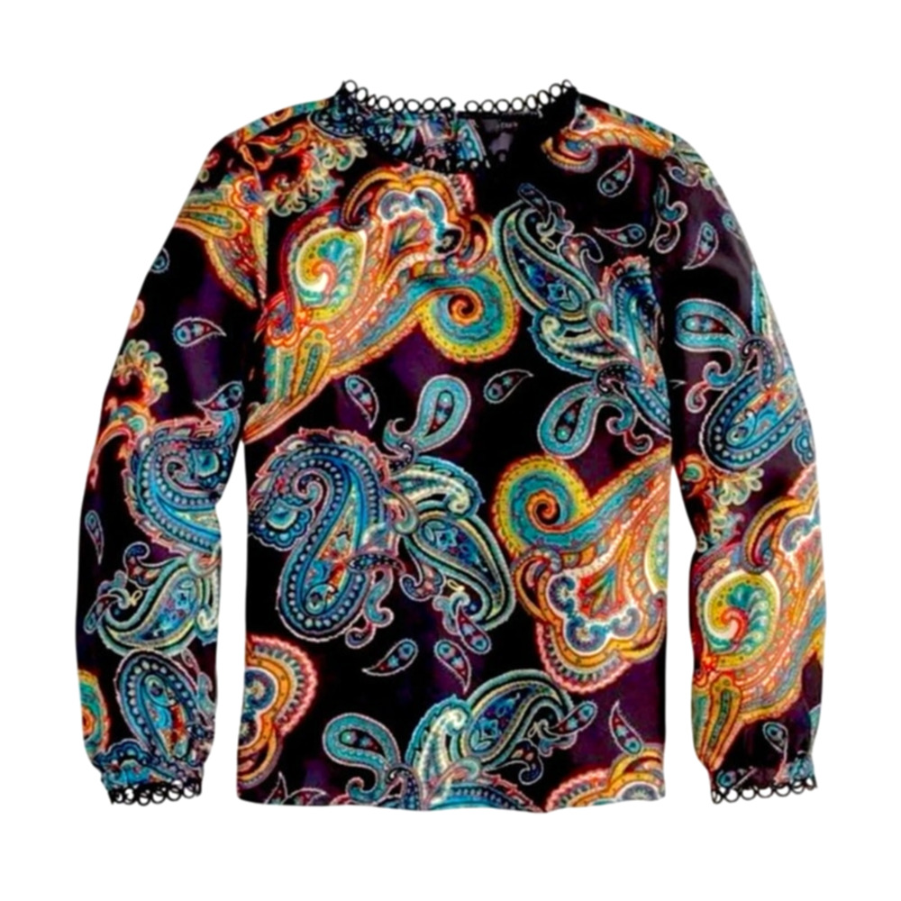 J. Crew 100% SILK Twill Paisley Multi Colored Long Sleeve Blouse Size 00